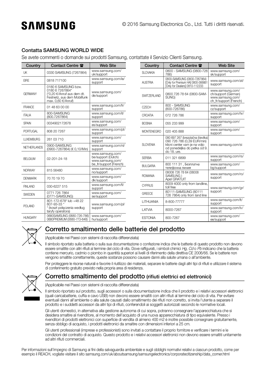 Samsung UBD-K8500/ZF manual Corretto smaltimento delle batterie del prodotto, Country Contact Centre  Web Site 