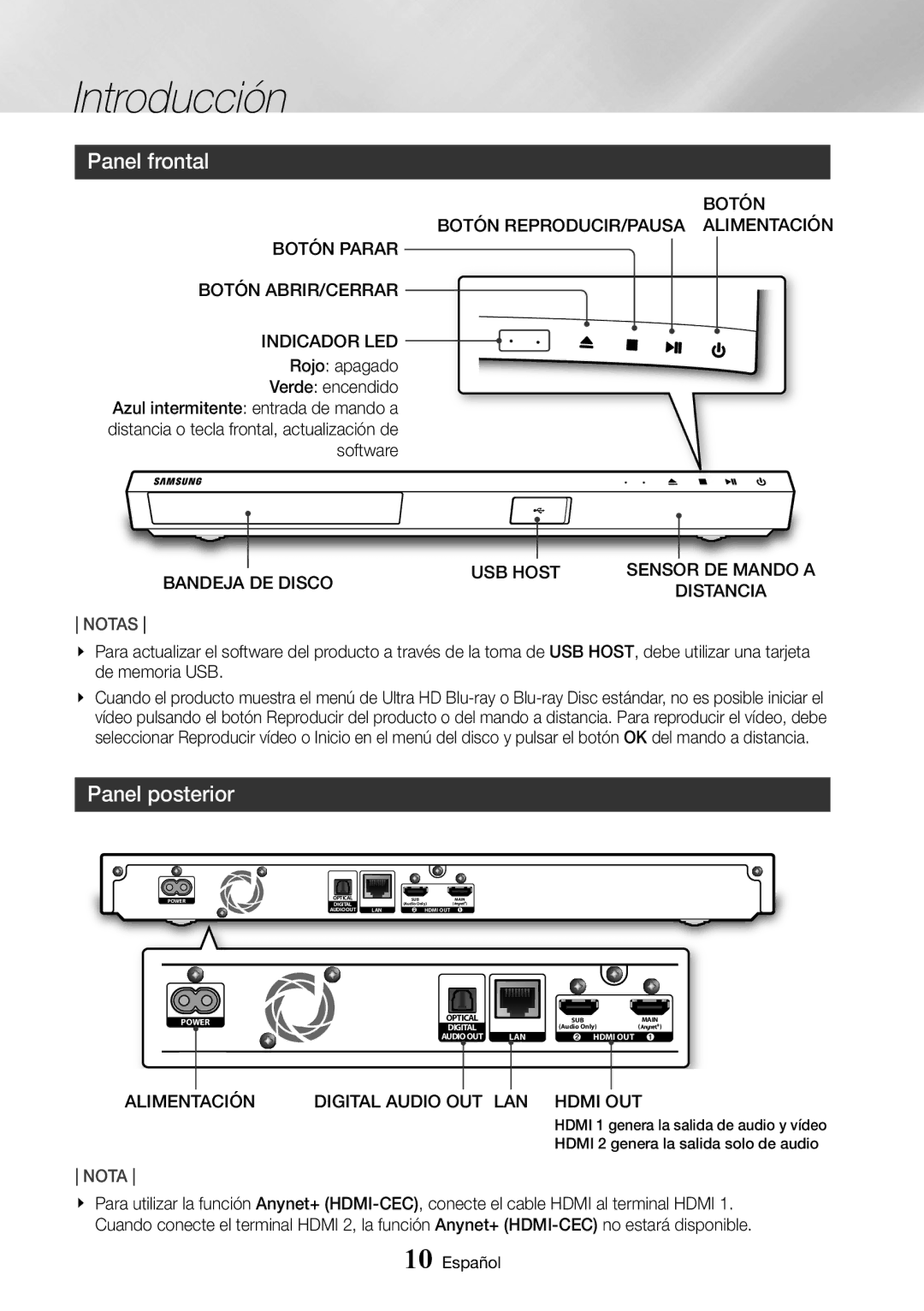 Samsung UBD-K8500/ZF manual Panel frontal, Panel posterior, USB Host Sensor DE Mando a Bandeja DE Disco Distancia 