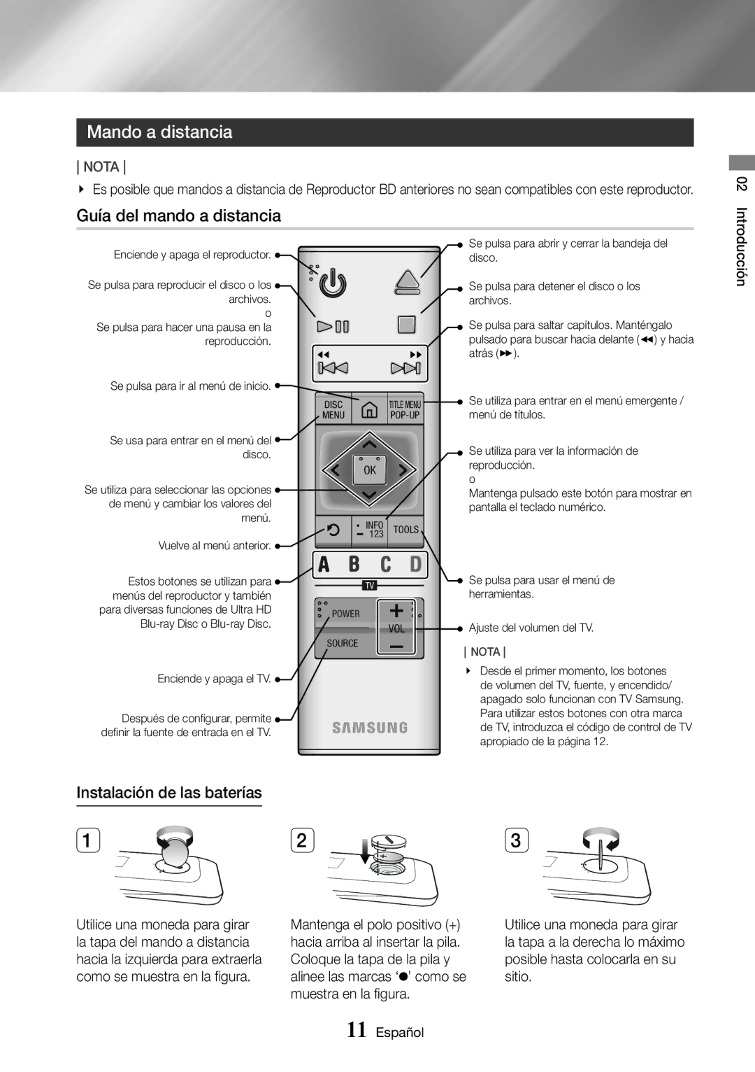 Samsung UBD-K8500/ZF manual Mando a distancia, Guía del mando a distancia, Instalación de las baterías 