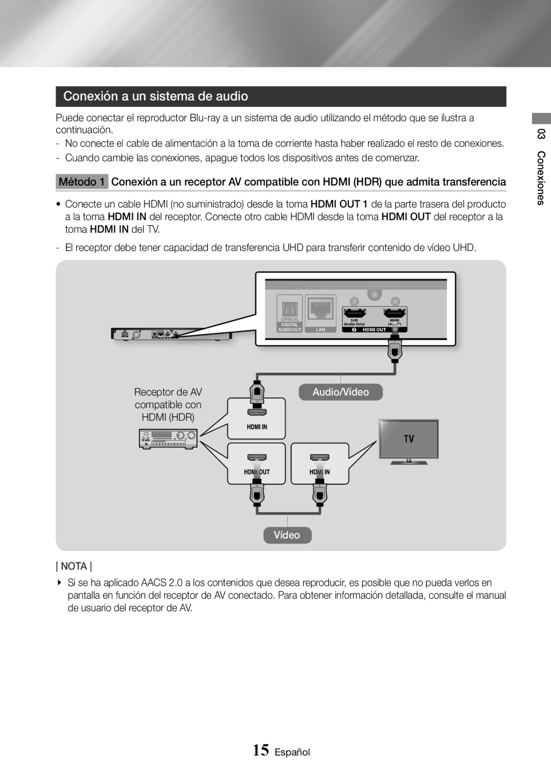 Samsung UBD-K8500/ZF manual Conexión a un sistema de audio, Conexiones 