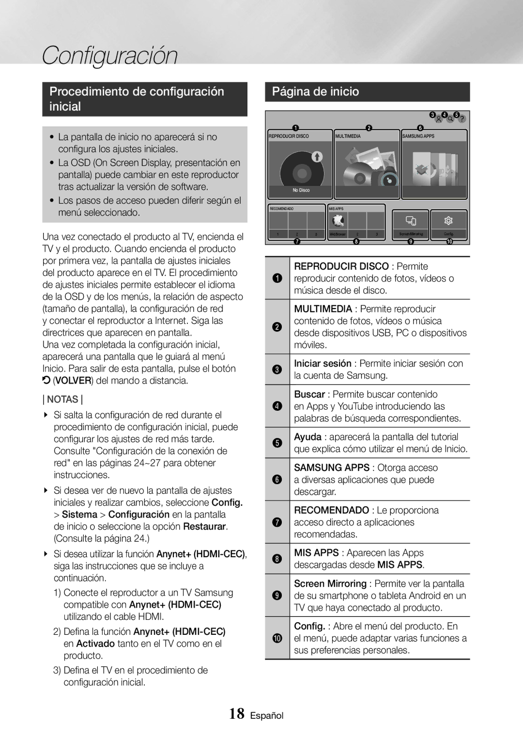 Samsung UBD-K8500/ZF manual Configuración, Procedimiento de configuración inicial, Página de inicio 