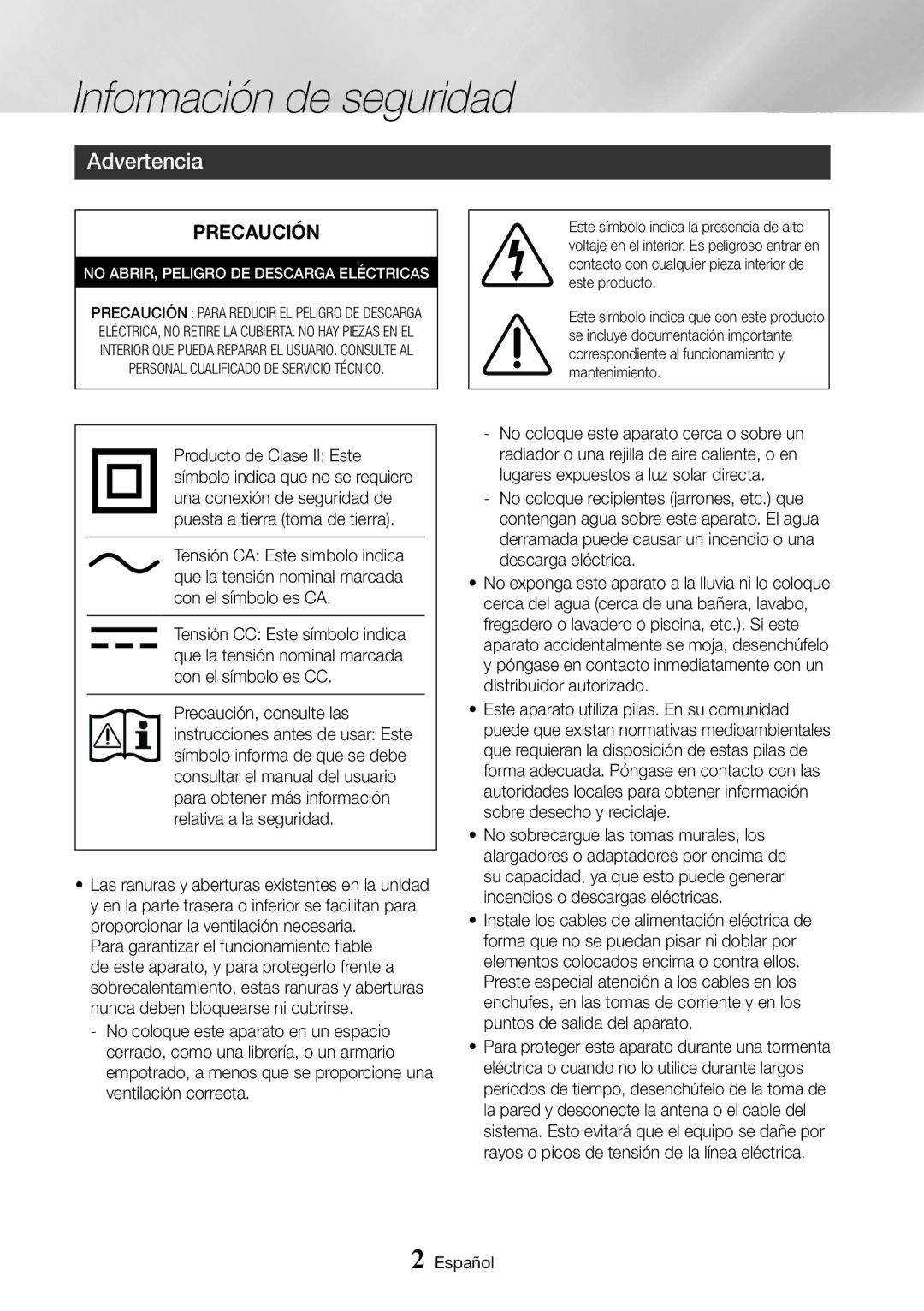 Samsung UBD-K8500/ZF manual Información de seguridad, Advertencia 