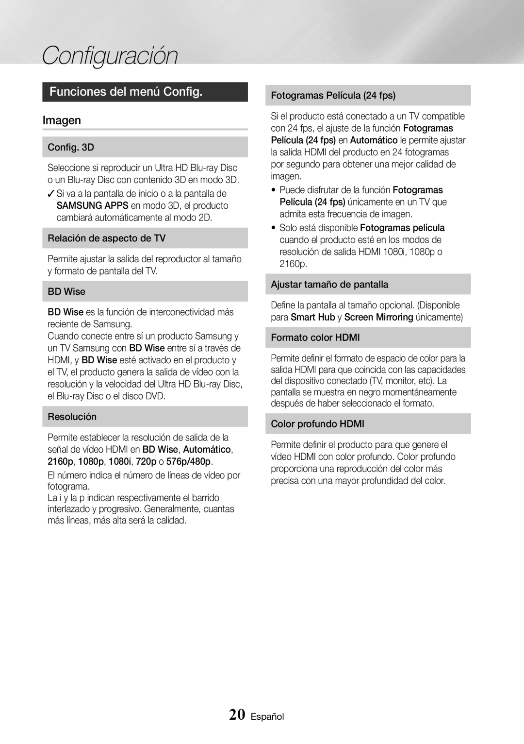 Samsung UBD-K8500/ZF manual Funciones del menú Config, Imagen 