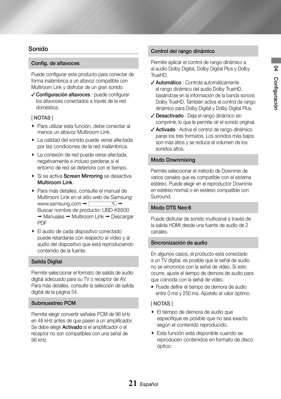 Samsung UBD-K8500/ZF manual Sonido, Config. de altavoces 