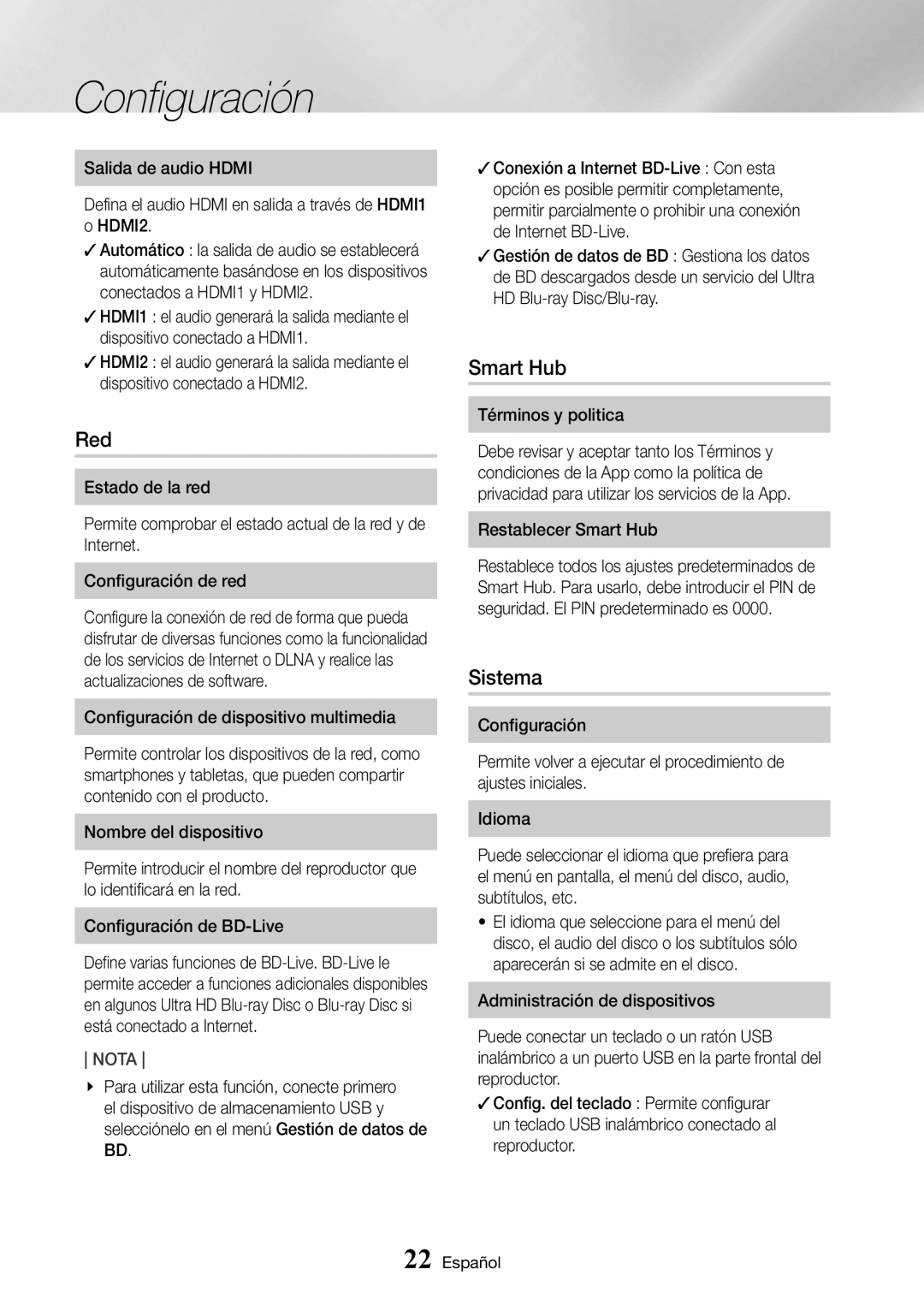 Samsung UBD-K8500/ZF manual Red, Smart Hub, Sistema, Configuración de dispositivo multimedia, Términos y politica 