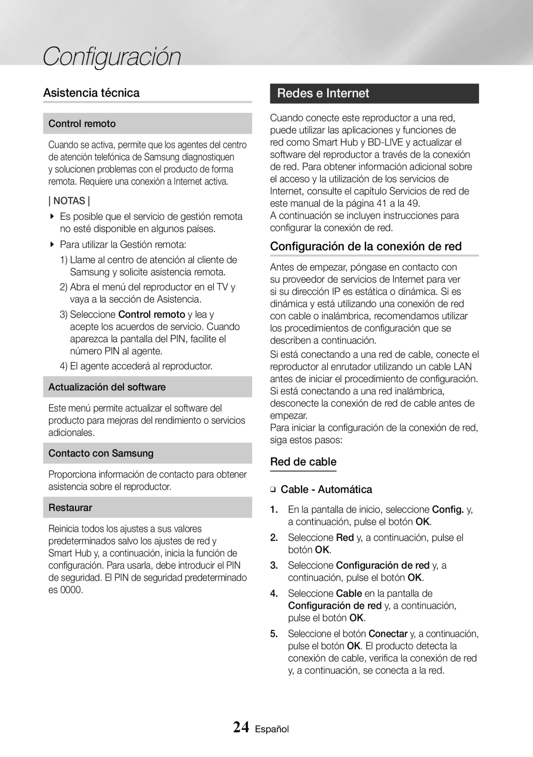 Samsung UBD-K8500/ZF manual Asistencia técnica, Redes e Internet, Configuración de la conexión de red, Red de cable 