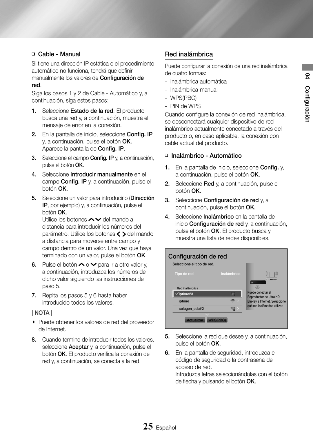 Samsung UBD-K8500/ZF manual Red inalámbrica 