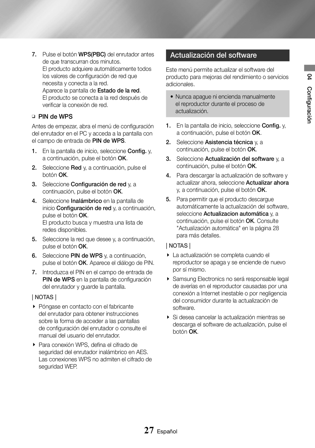 Samsung UBD-K8500/ZF manual Actualización del software, ĞĞ PIN de WPS 