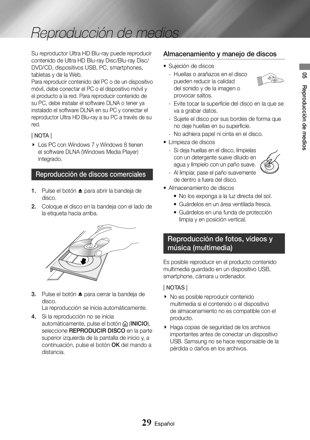 Samsung UBD-K8500/ZF manual Reproducción de medios, Reproducción de discos comerciales, Almacenamiento y manejo de discos 