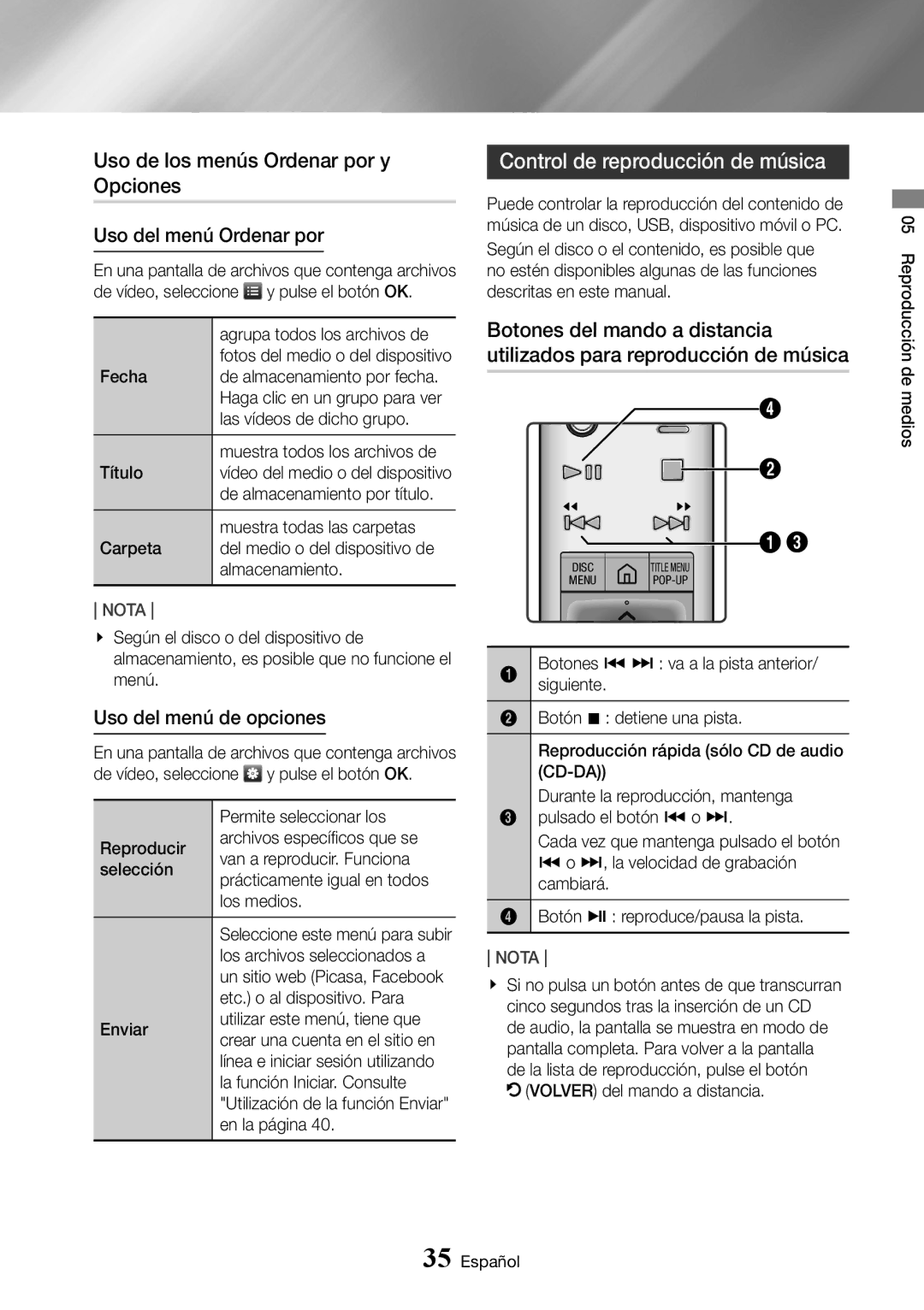 Samsung UBD-K8500/ZF Uso de los menús Ordenar por y Opciones, Control de reproducción de música, Uso del menú Ordenar por 