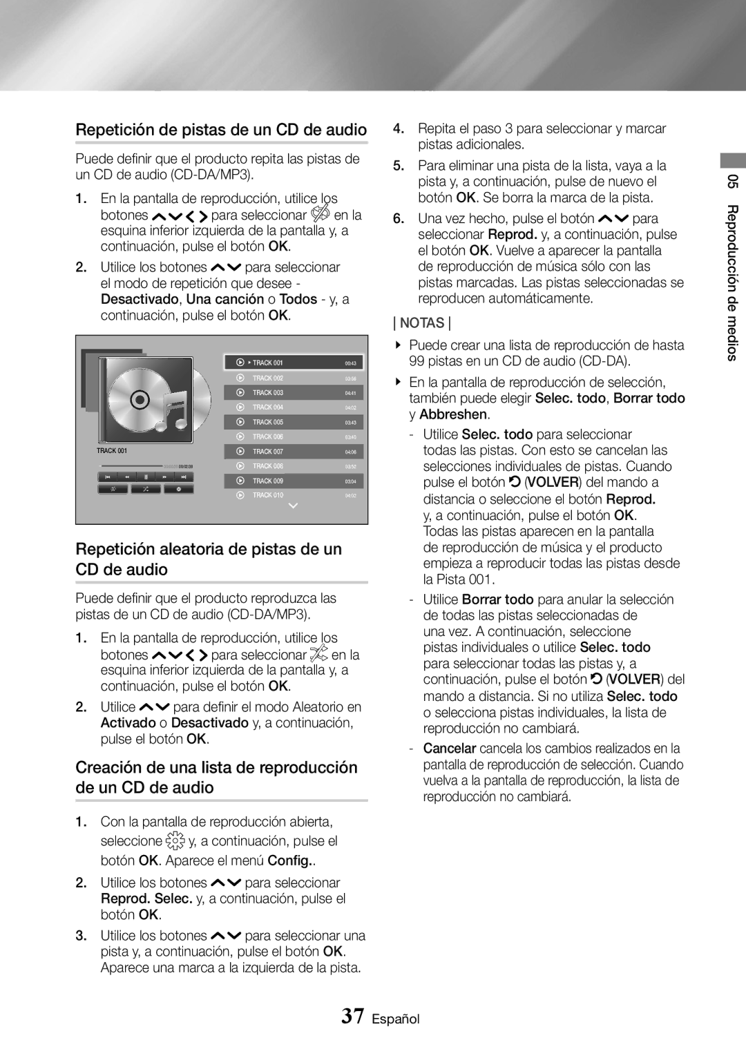 Samsung UBD-K8500/ZF manual Repetición de pistas de un CD de audio, Repetición aleatoria de pistas de un CD de audio 