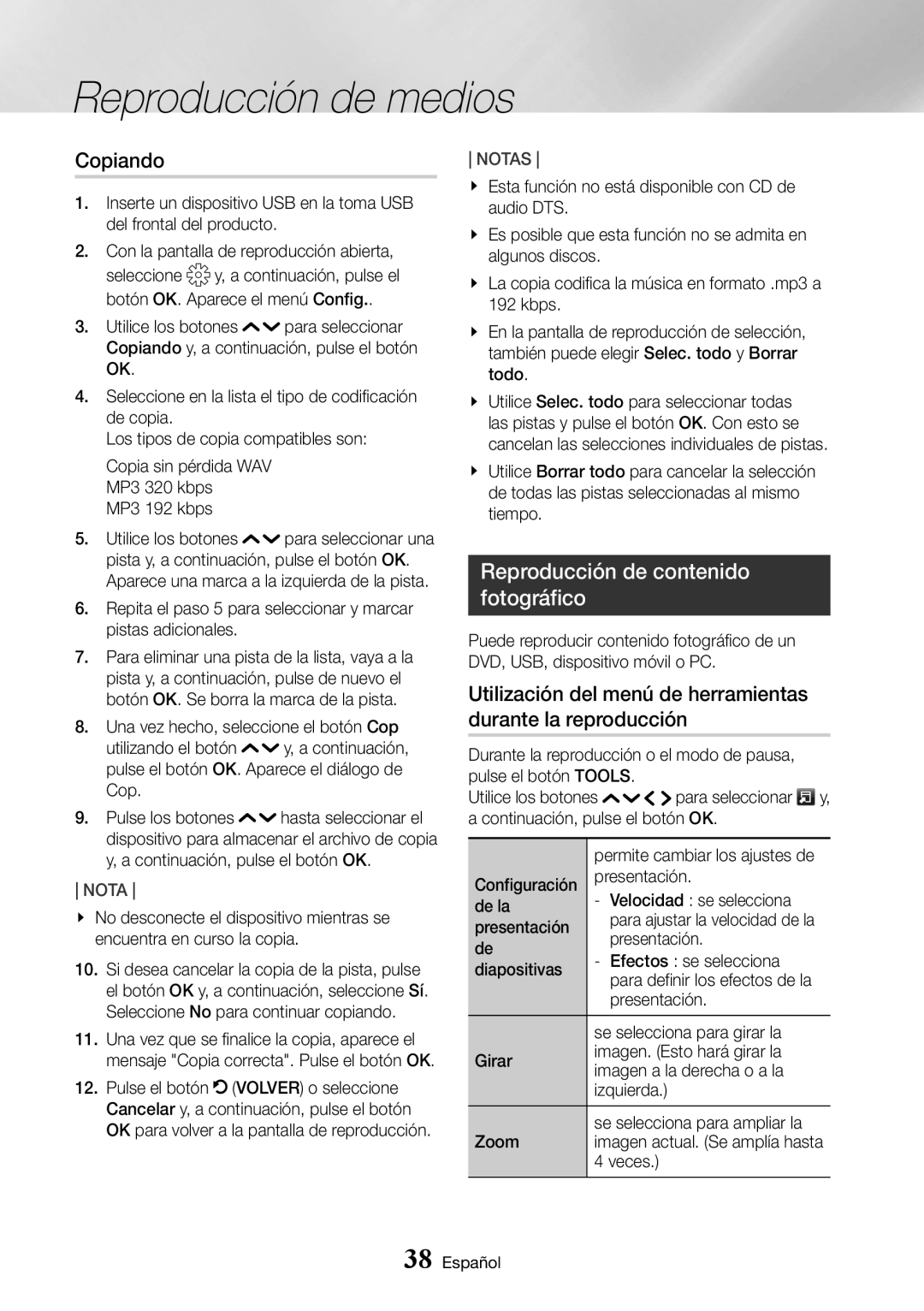 Samsung UBD-K8500/ZF manual Copiando, Reproducción de contenido fotográfico 