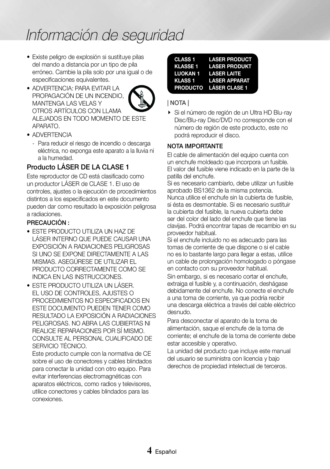 Samsung UBD-K8500/ZF manual Producto Láser DE LA Clase, Precaución, Nota Importante 