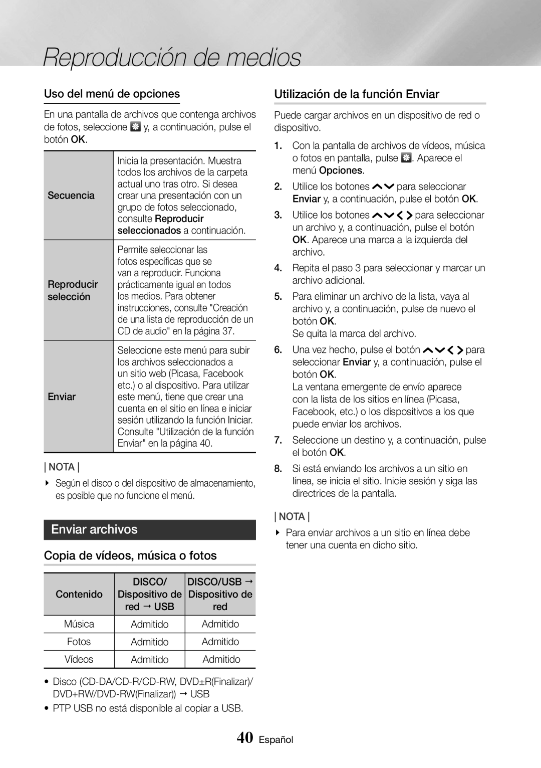 Samsung UBD-K8500/ZF Enviar archivos, Copia de vídeos, música o fotos, Utilización de la función Enviar, Disco DISCO/USB  