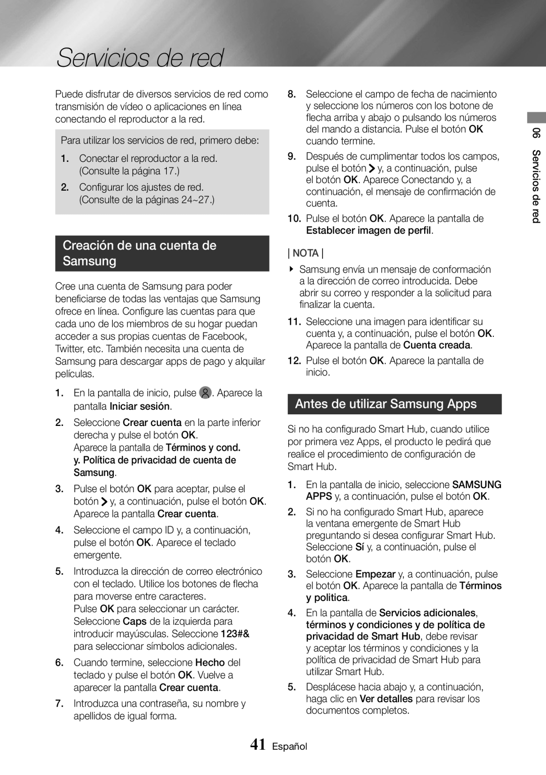 Samsung UBD-K8500/ZF manual Servicios de red, Creación de una cuenta de Samsung, Antes de utilizar Samsung Apps 