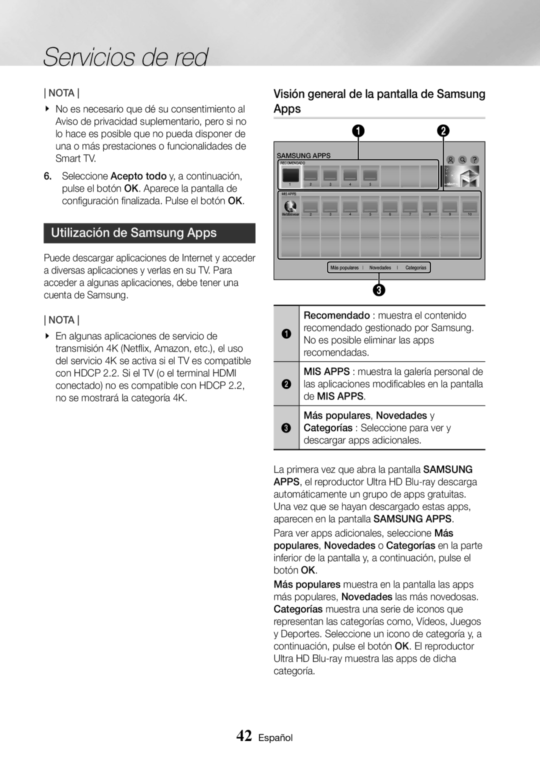 Samsung UBD-K8500/ZF manual Utilización de Samsung Apps, Visión general de la pantalla de Samsung Apps 