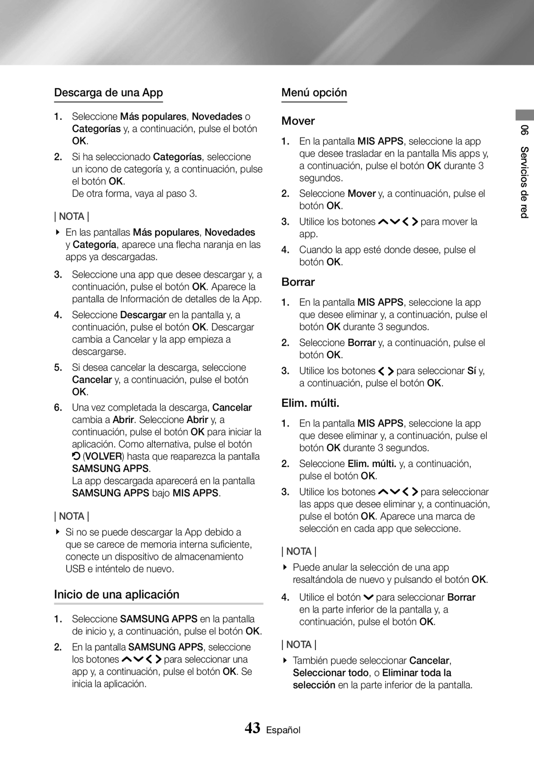 Samsung UBD-K8500/ZF manual Inicio de una aplicación, Descarga de una App, Menú opción Mover, Borrar, Elim. múlti 