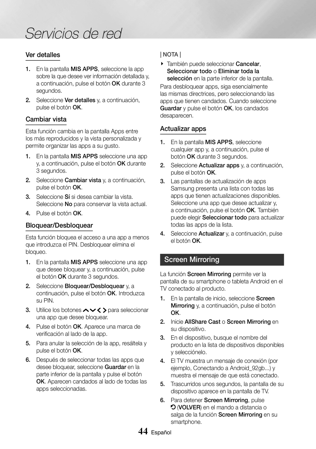 Samsung UBD-K8500/ZF manual Screen Mirroring, Ver detalles, Cambiar vista, Bloquear/Desbloquear, Actualizar apps 