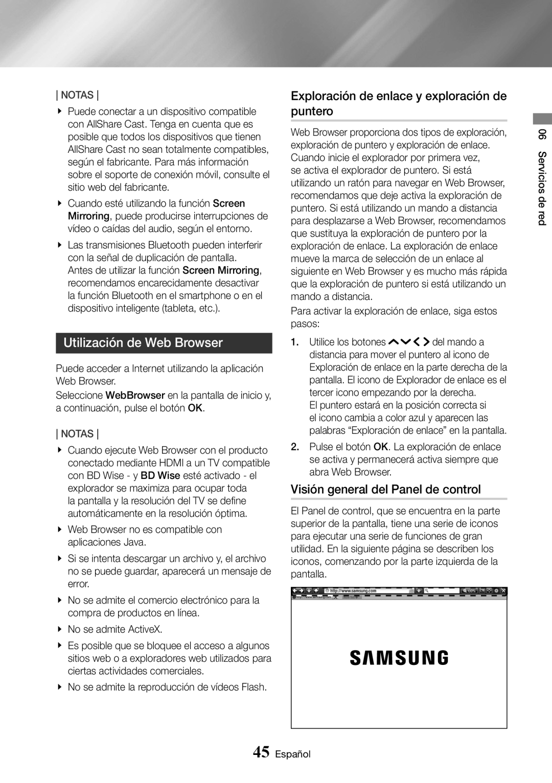 Samsung UBD-K8500/ZF manual Utilización de Web Browser, Exploración de enlace y exploración de puntero 