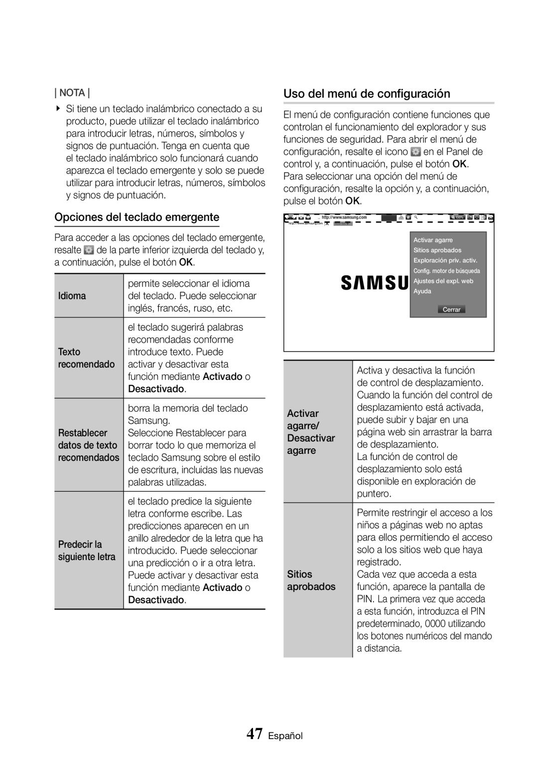 Samsung UBD-K8500/ZF manual Uso del menú de configuración, Opciones del teclado emergente 