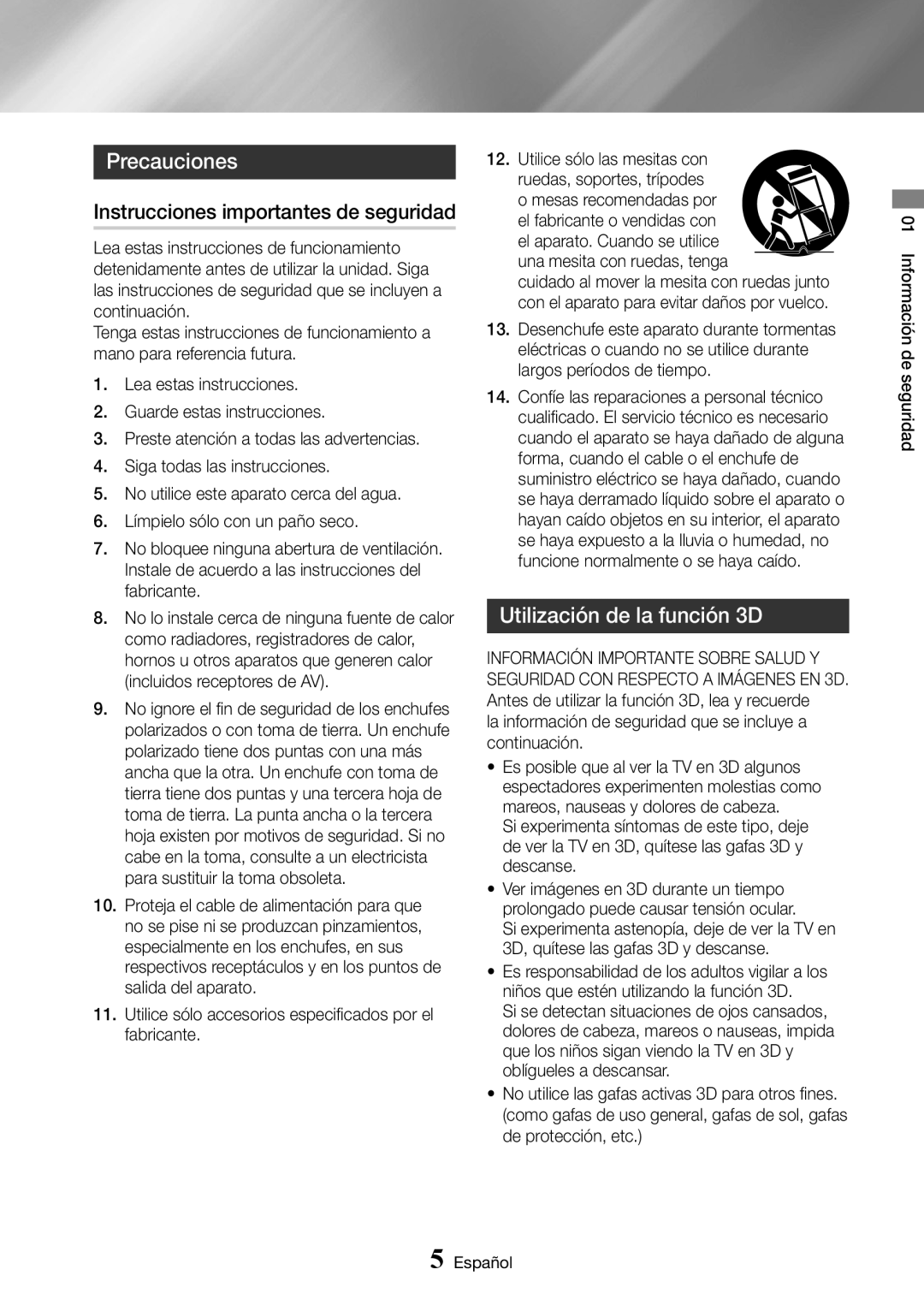 Samsung UBD-K8500/ZF manual Precauciones, Instrucciones importantes de seguridad, Utilización de la función 3D 