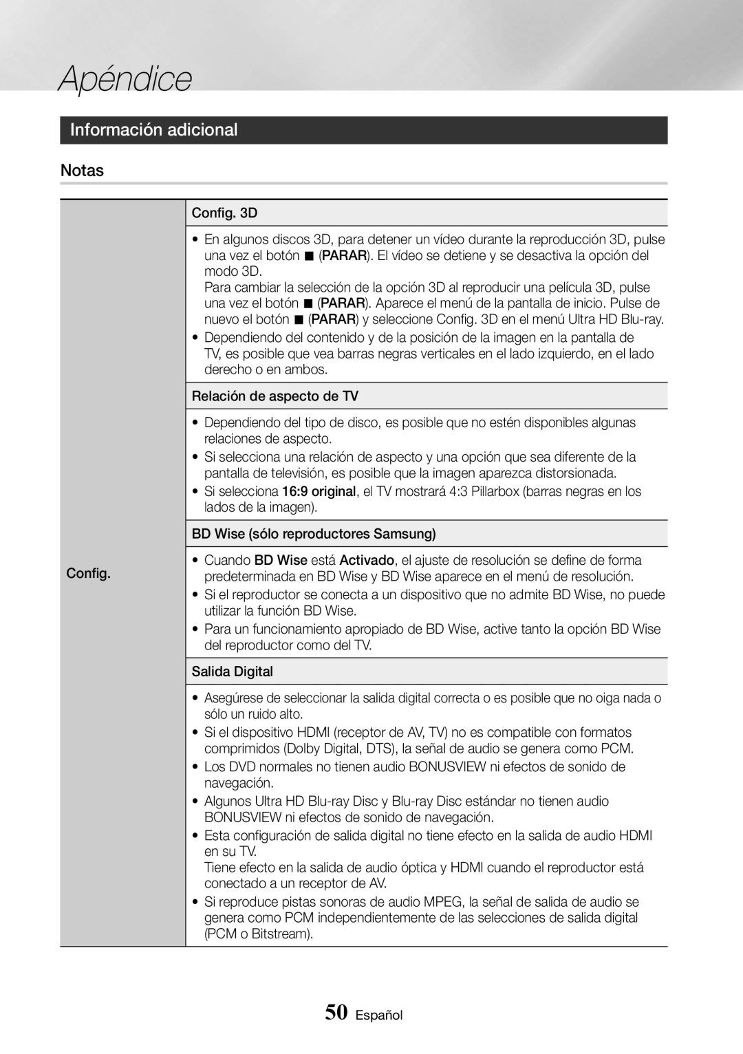 Samsung UBD-K8500/ZF manual Apéndice, Información adicional, Notas 