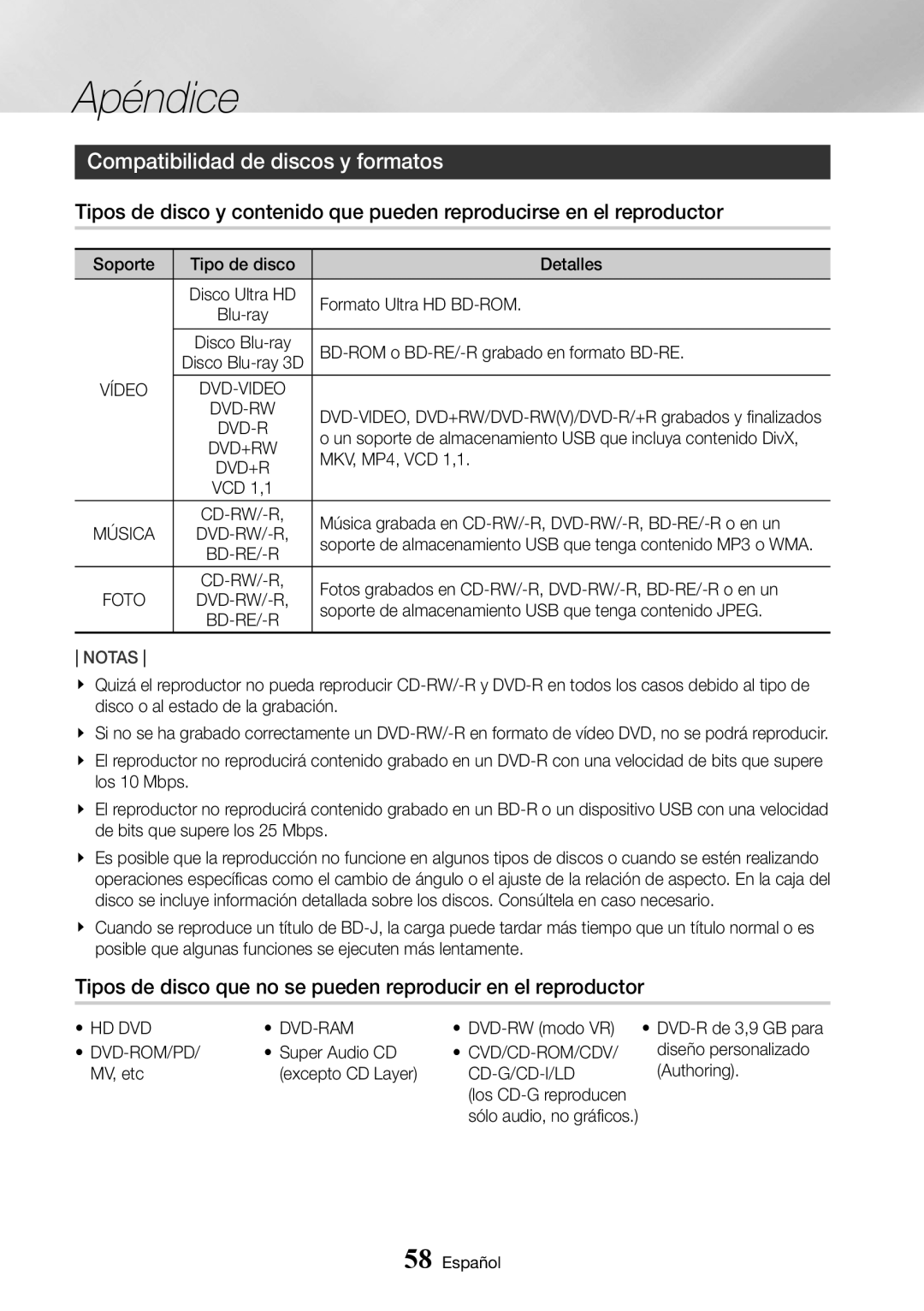 Samsung UBD-K8500/ZF manual Compatibilidad de discos y formatos, Hd Dvd Dvd-Ram, Dvd-Rom/Pd, Cvd/Cd-Rom/Cdv, Cd-G/Cd-I/Ld 