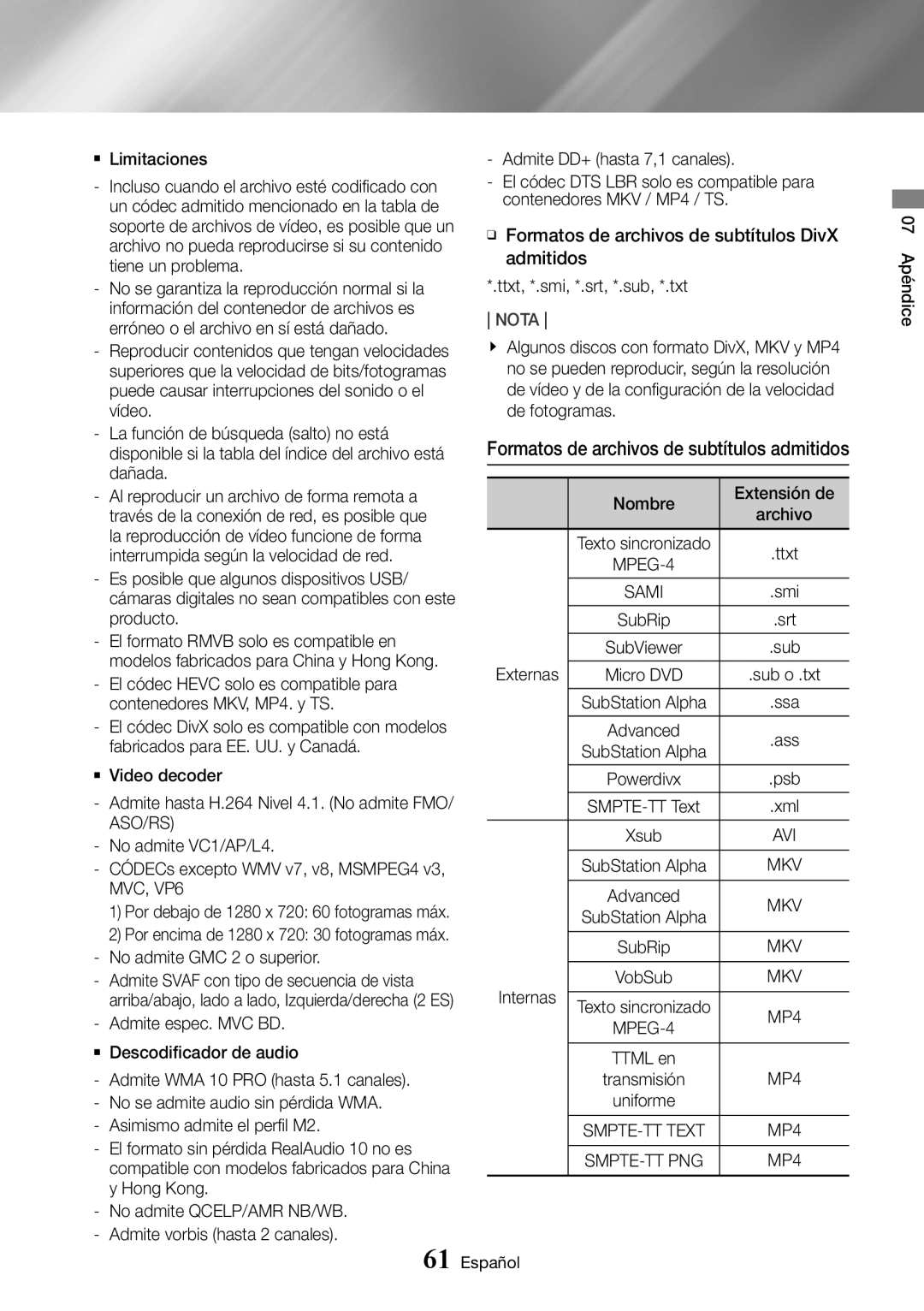 Samsung UBD-K8500/ZF manual Formatos de archivos de subtítulos admitidos, MPEG-4 