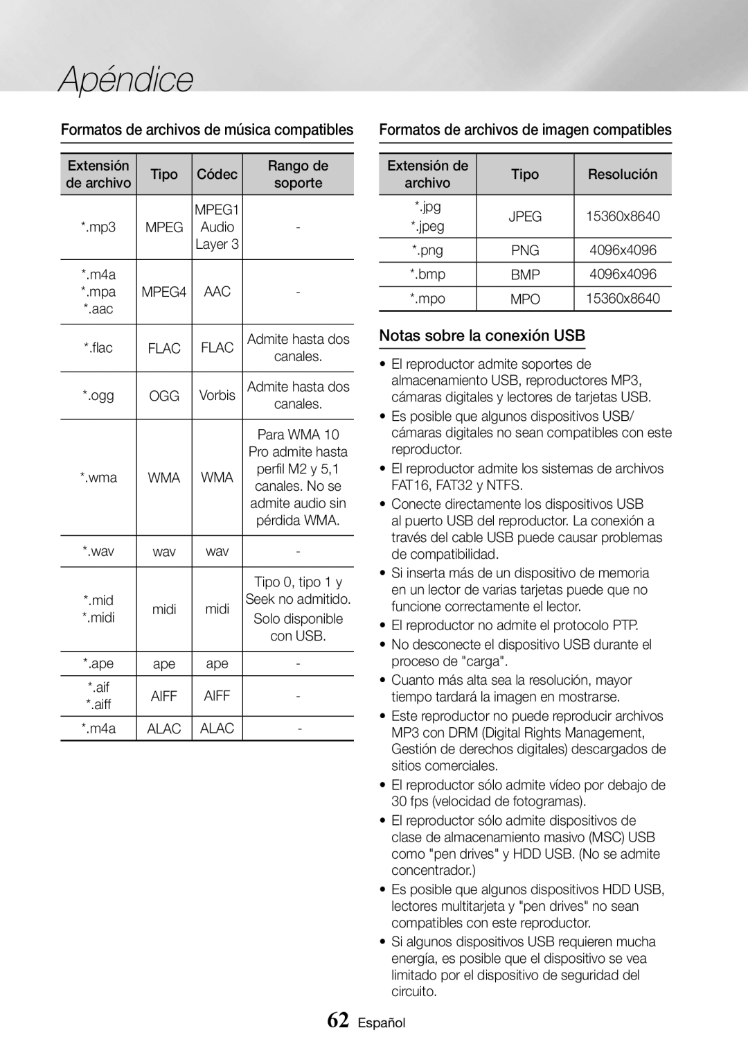 Samsung UBD-K8500/ZF manual Formatos de archivos de imagen compatibles, Notas sobre la conexión USB 