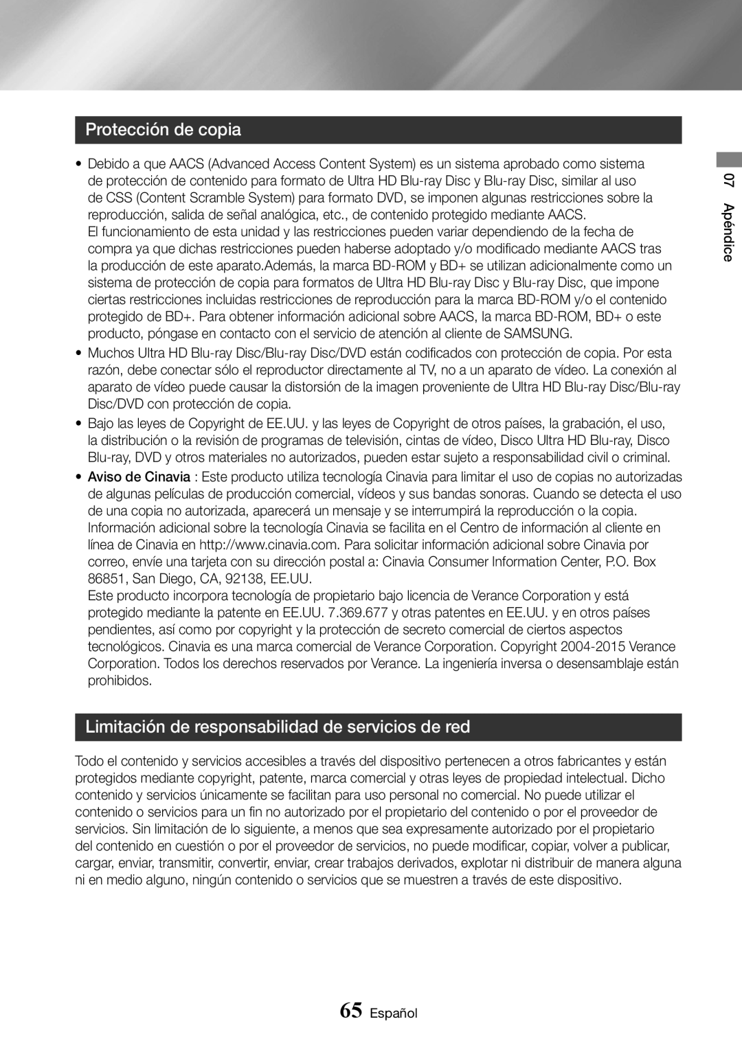 Samsung UBD-K8500/ZF manual Protección de copia, Limitación de responsabilidad de servicios de red 