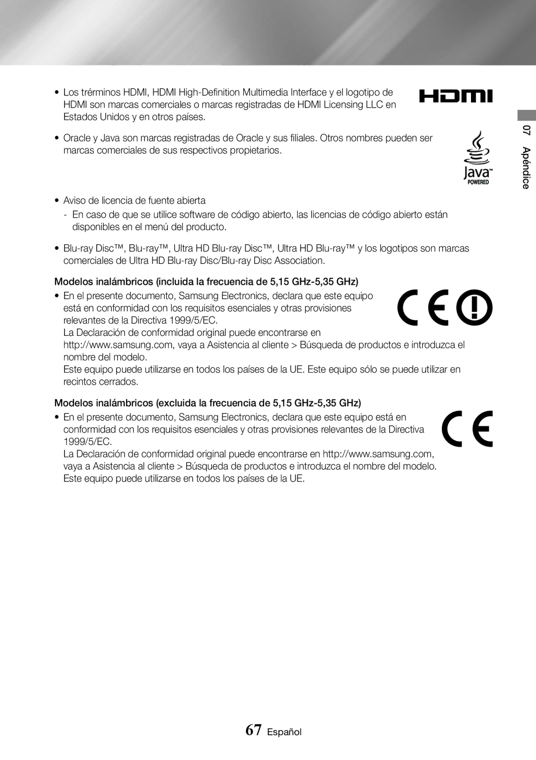 Samsung UBD-K8500/ZF manual 07 Apéndice Español 