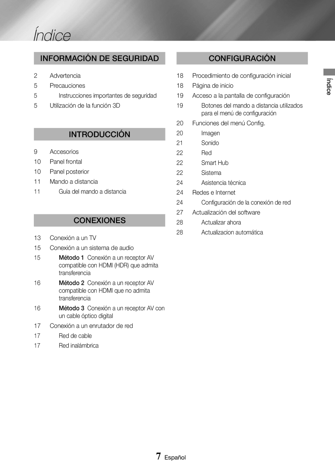 Samsung UBD-K8500/ZF manual Índice, Advertencia 