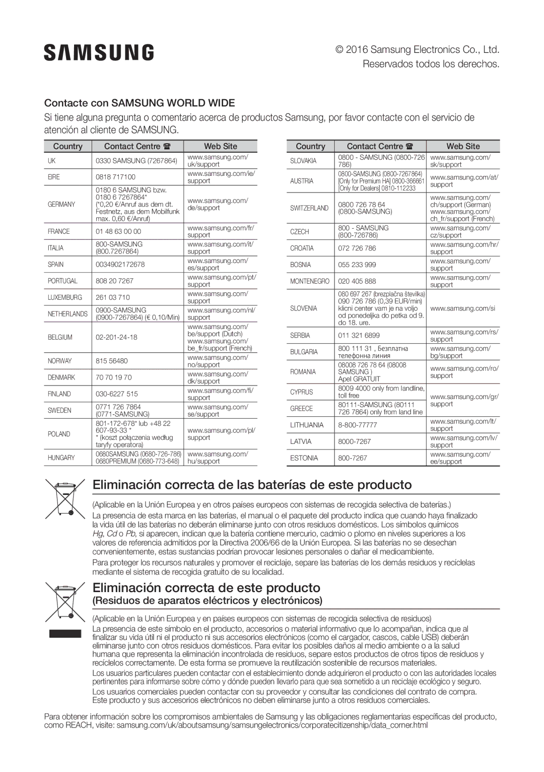 Samsung UBD-K8500/ZF manual Eliminación correcta de las baterías de este producto, Country Contact Centre  Web Site 