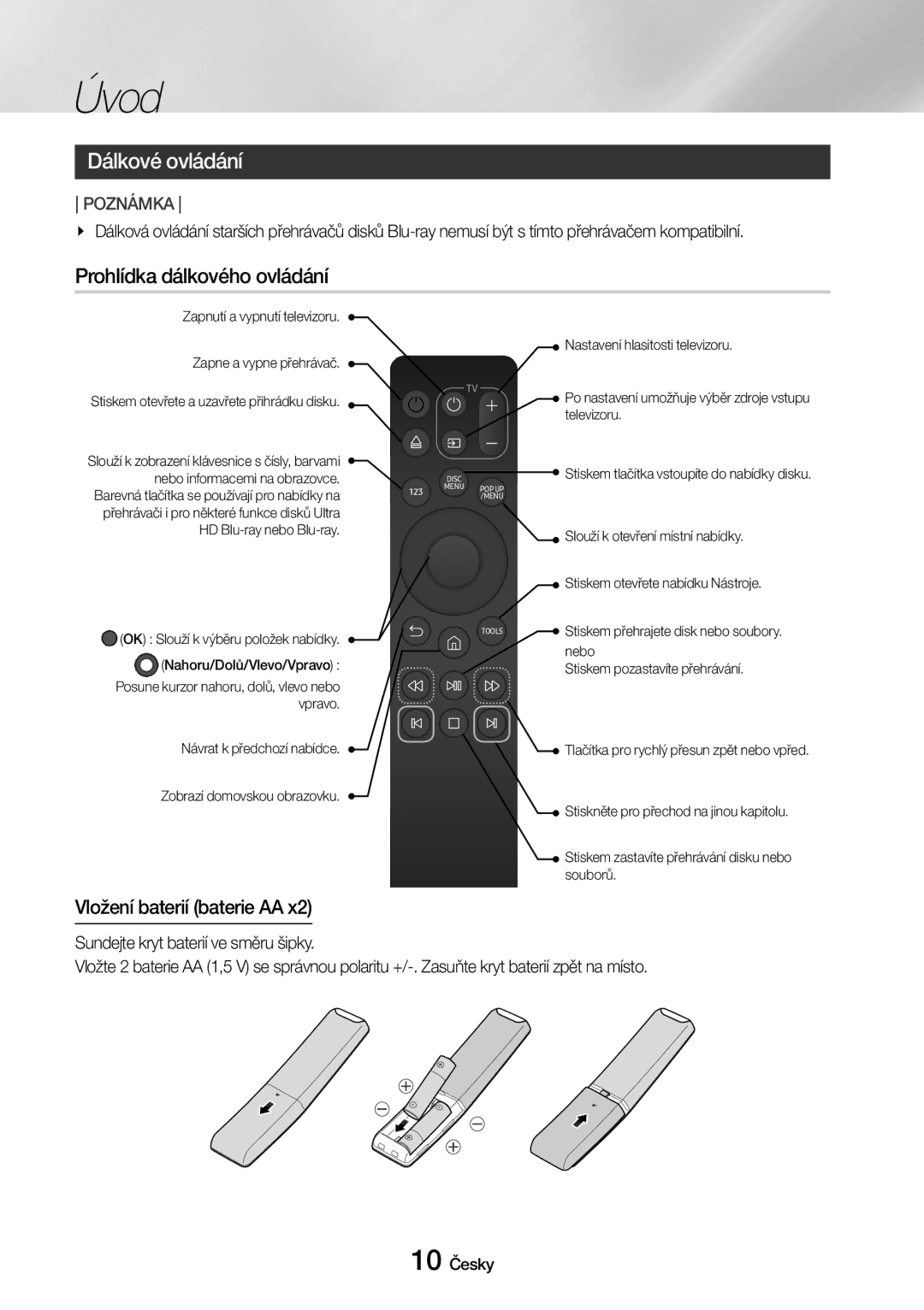 Samsung UBD-M7500/EN manual Dálkové ovládání, Prohlídka dálkového ovládání, Vložení baterií baterie AA 