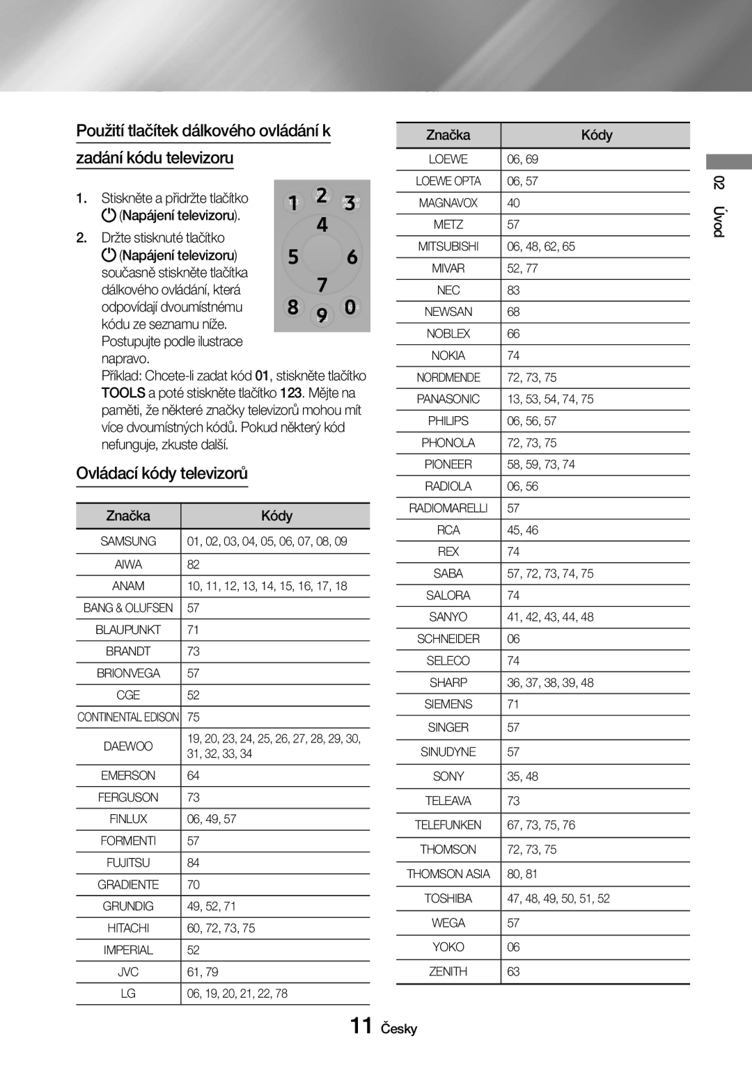 Samsung UBD-M7500/EN manual Zadání kódu televizoru, Ovládací kódy televizorů, Použití tlačítek dálkového ovládání k 