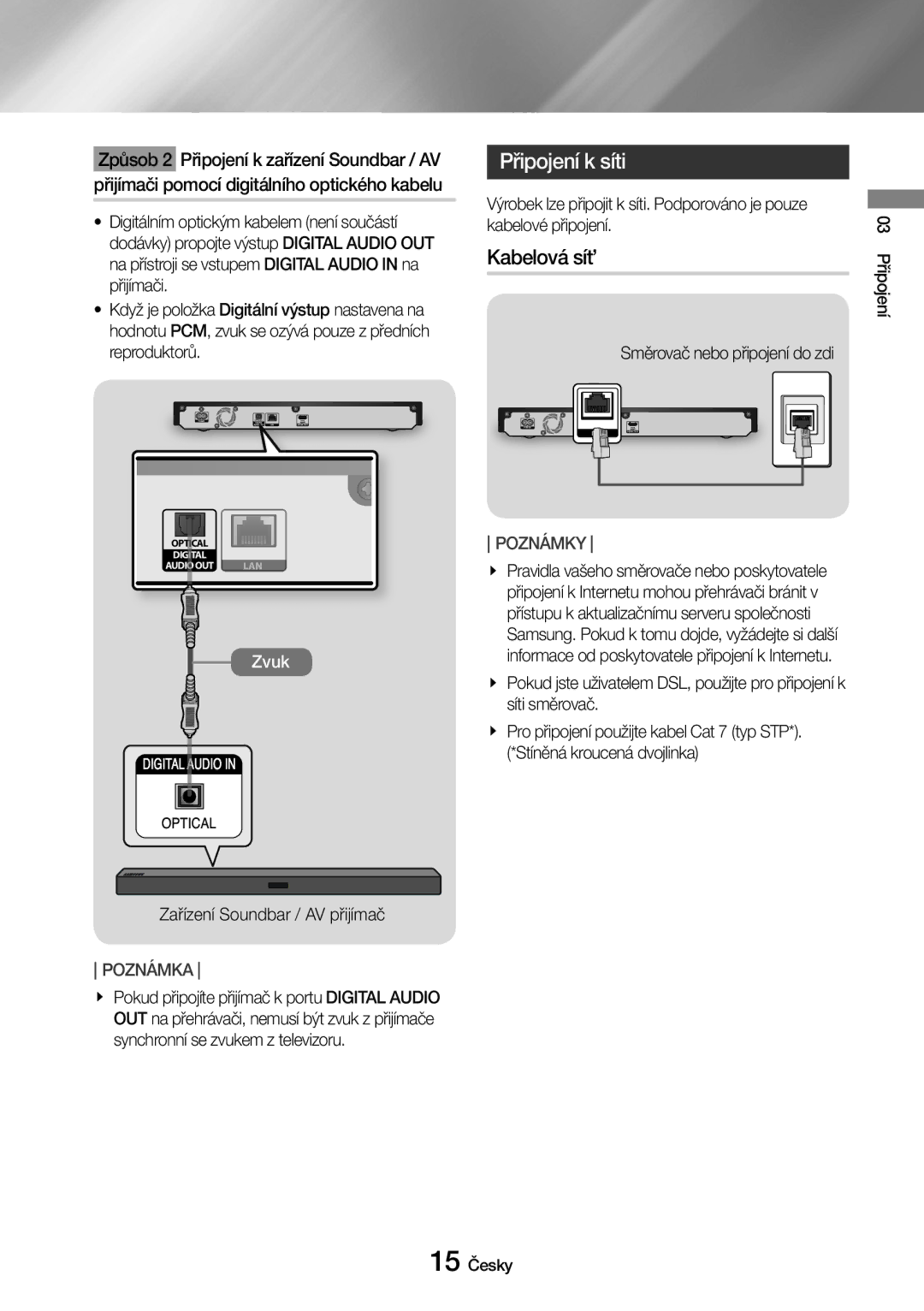 Samsung UBD-M7500/EN manual Připojení k síti, Kabelová síť, Směrovač nebo připojení do zdi 