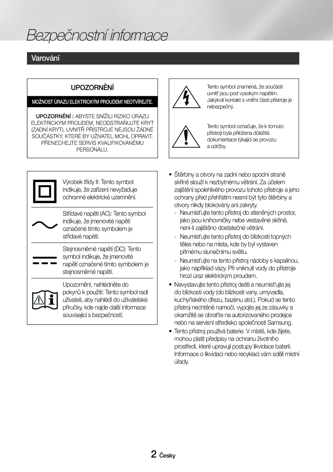 Samsung UBD-M7500/EN manual Bezpečnostní informace, Varování 