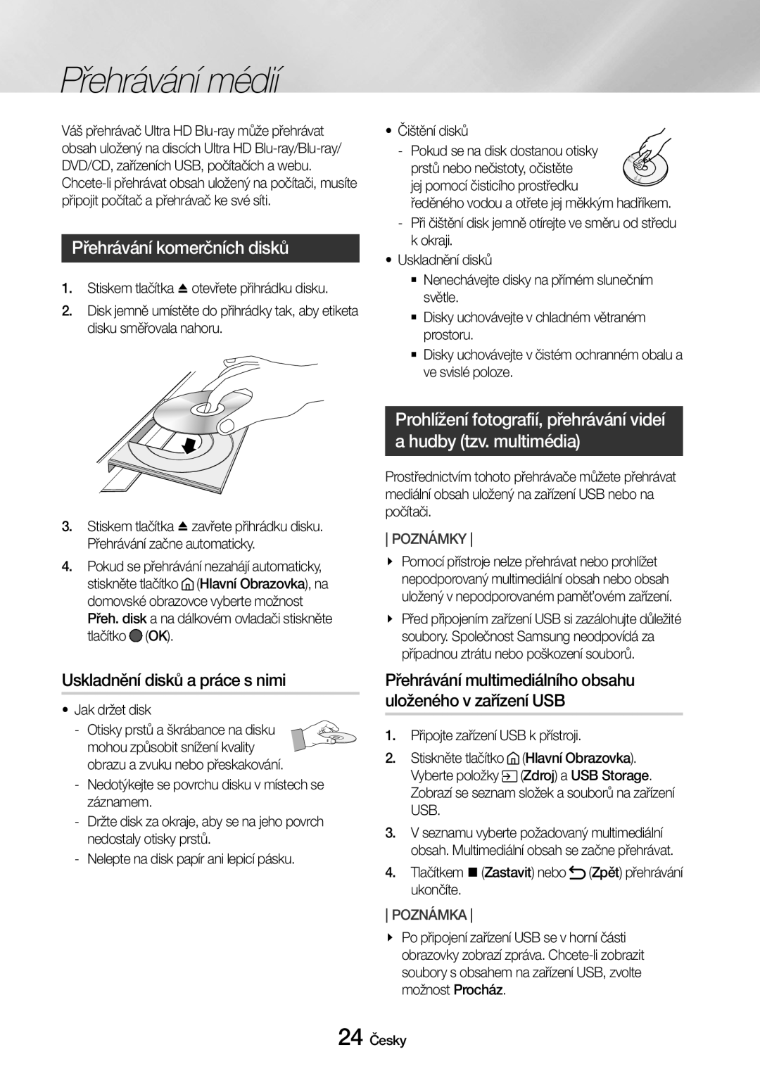 Samsung UBD-M7500/EN manual Přehrávání médií, Přehrávání komerčních disků, Uskladnění disků a práce s nimi 