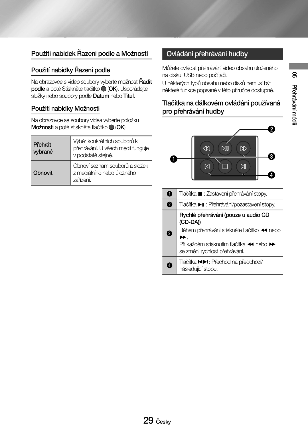 Samsung UBD-M7500/EN Použití nabídek Řazení podle a Možnosti, Ovládání přehrávání hudby, Použití nabídky Řazení podle 