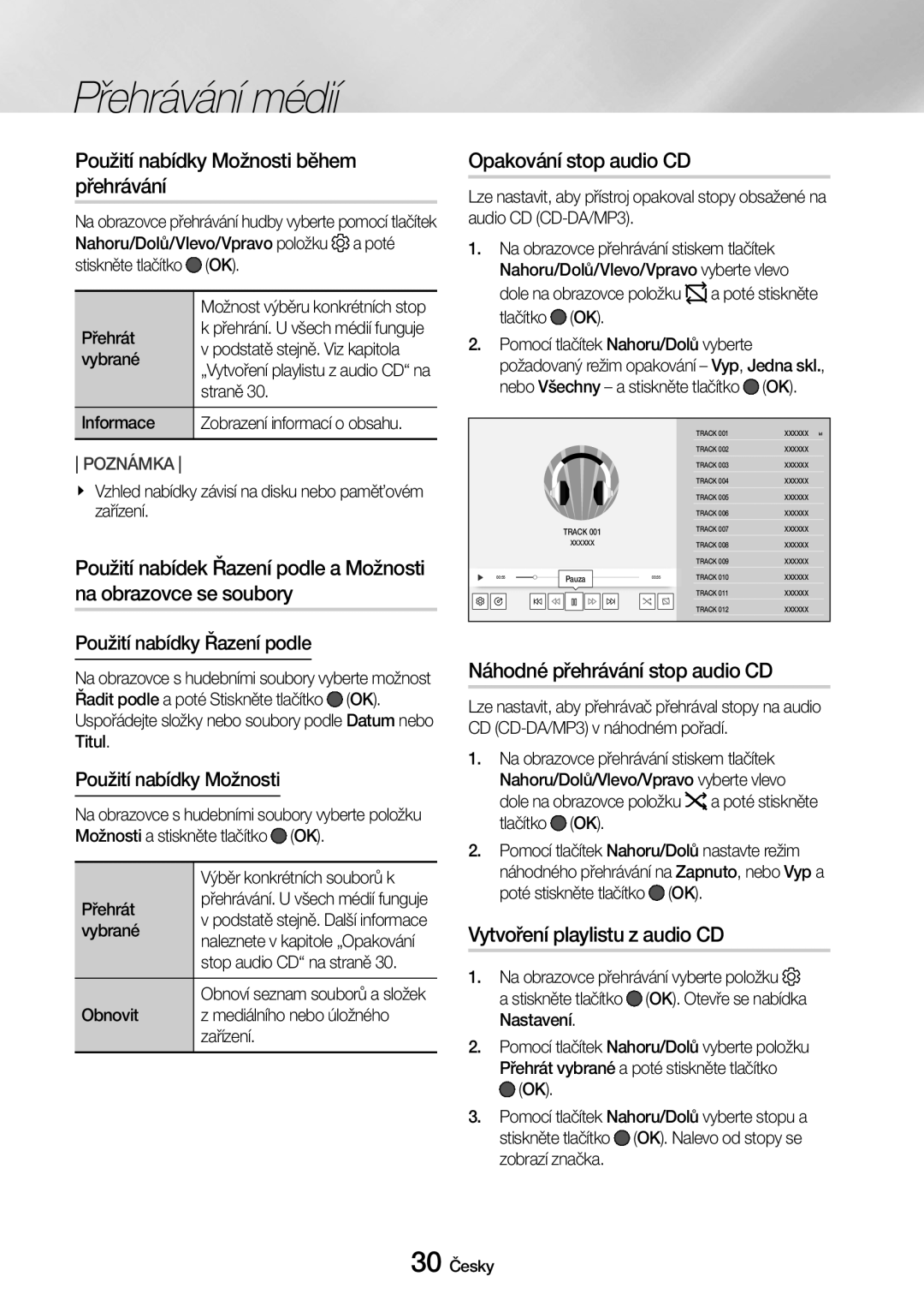 Samsung UBD-M7500/EN Použití nabídky Možnosti během přehrávání, Opakování stop audio CD, Náhodné přehrávání stop audio CD 