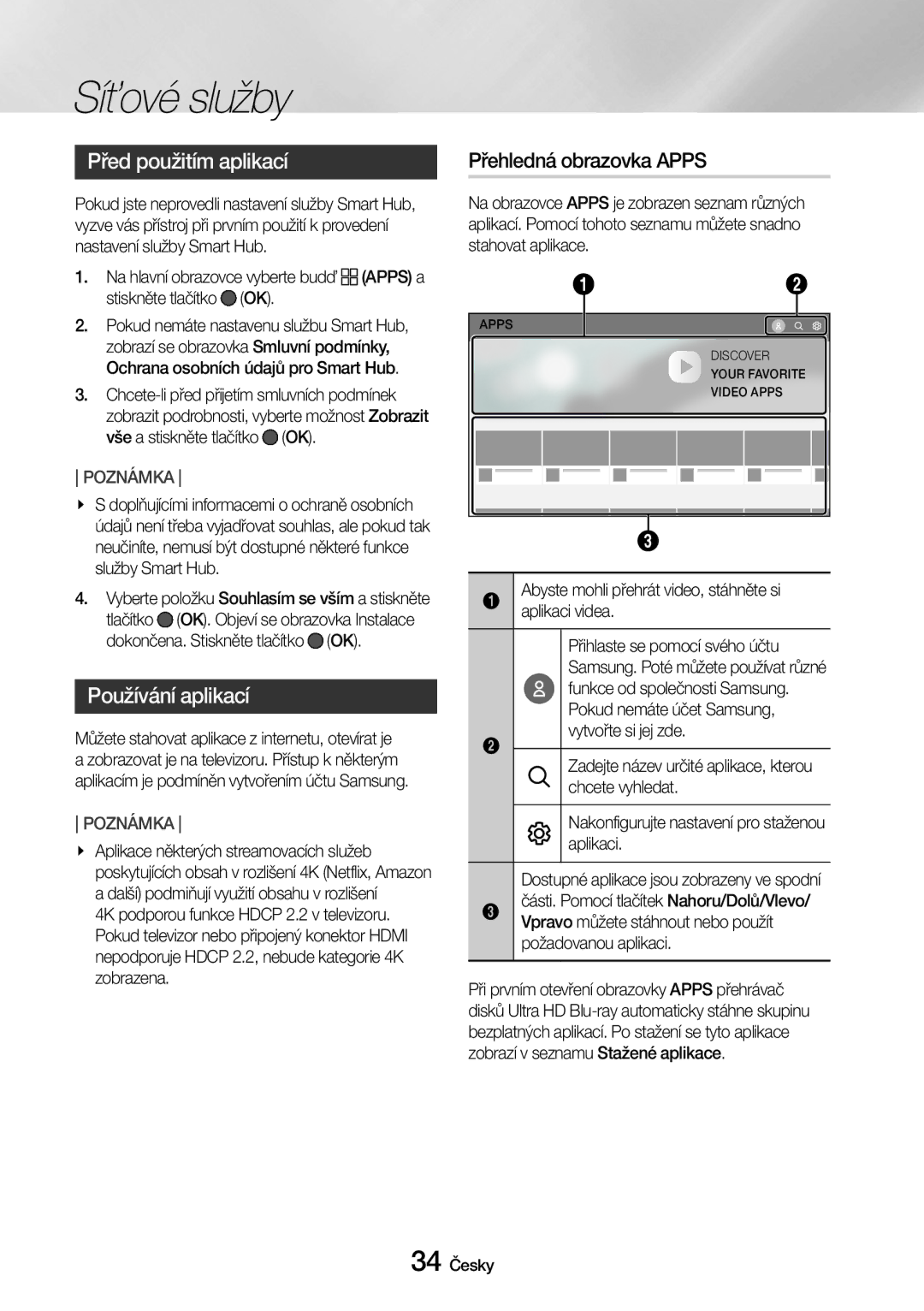 Samsung UBD-M7500/EN manual Před použitím aplikací, Přehledná obrazovka Apps, Používání aplikací 