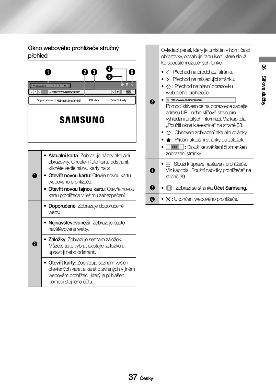 Samsung UBD-M7500/EN manual Okno webového prohlížeče stručný přehled 