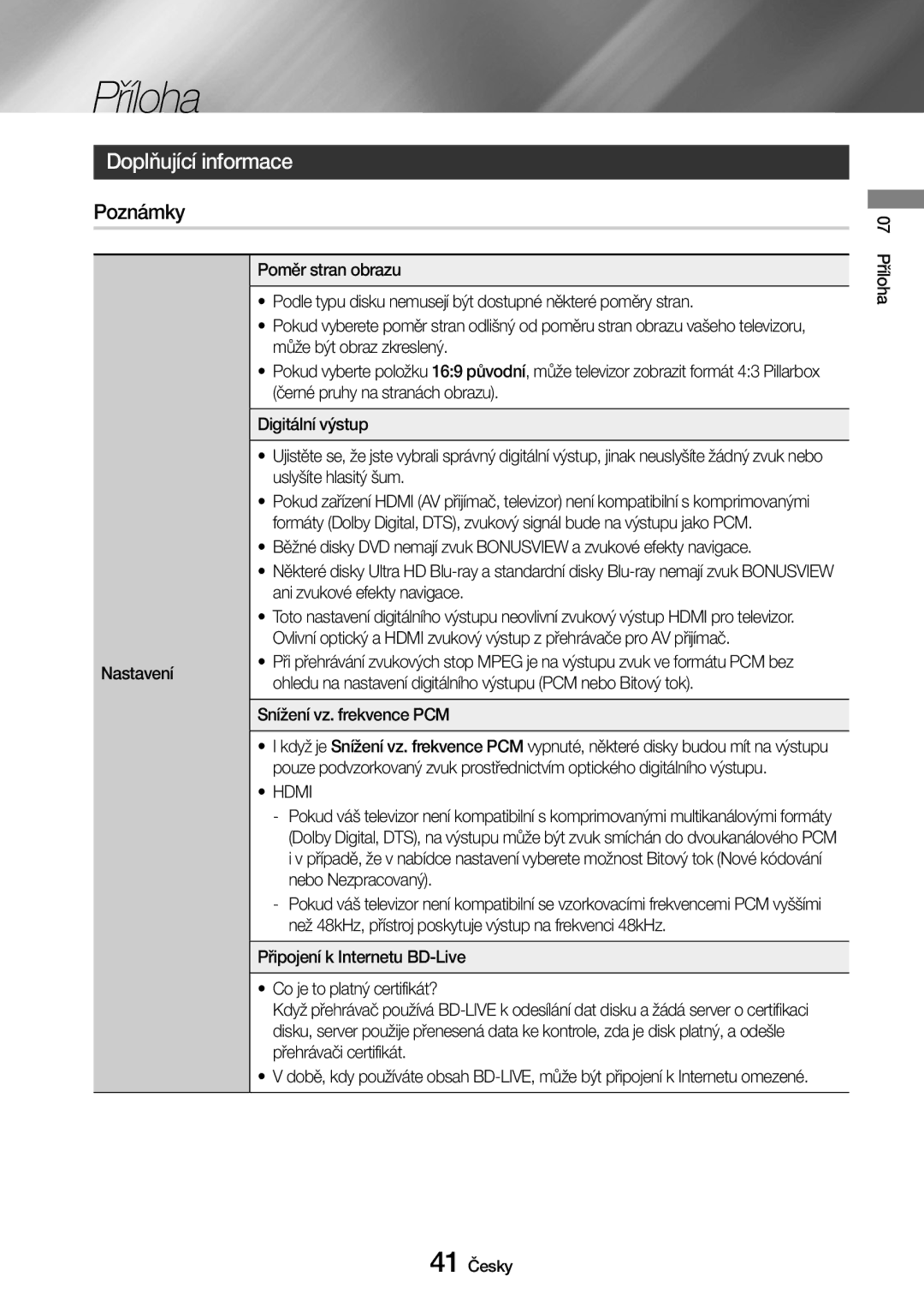 Samsung UBD-M7500/EN manual Příloha, Doplňující informace, Poznámky, Hdmi 