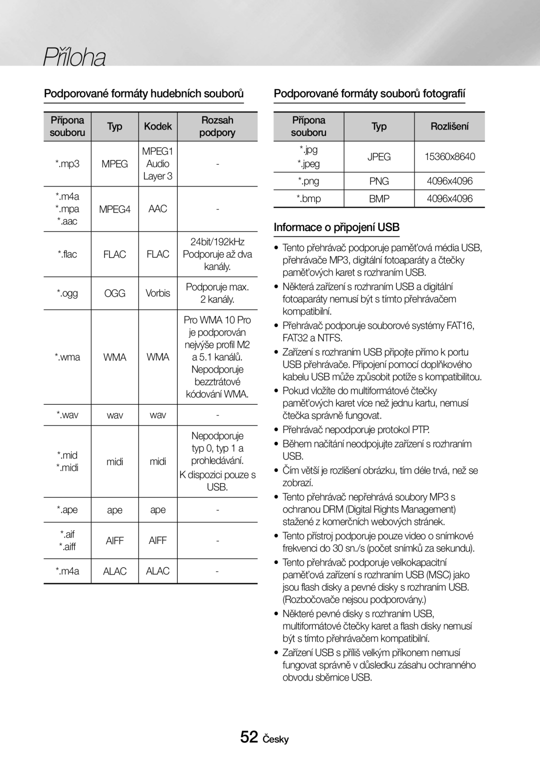 Samsung UBD-M7500/EN manual Podporované formáty hudebních souborů, Podporované formáty souborů fotografií, Mpeg, Bmp 