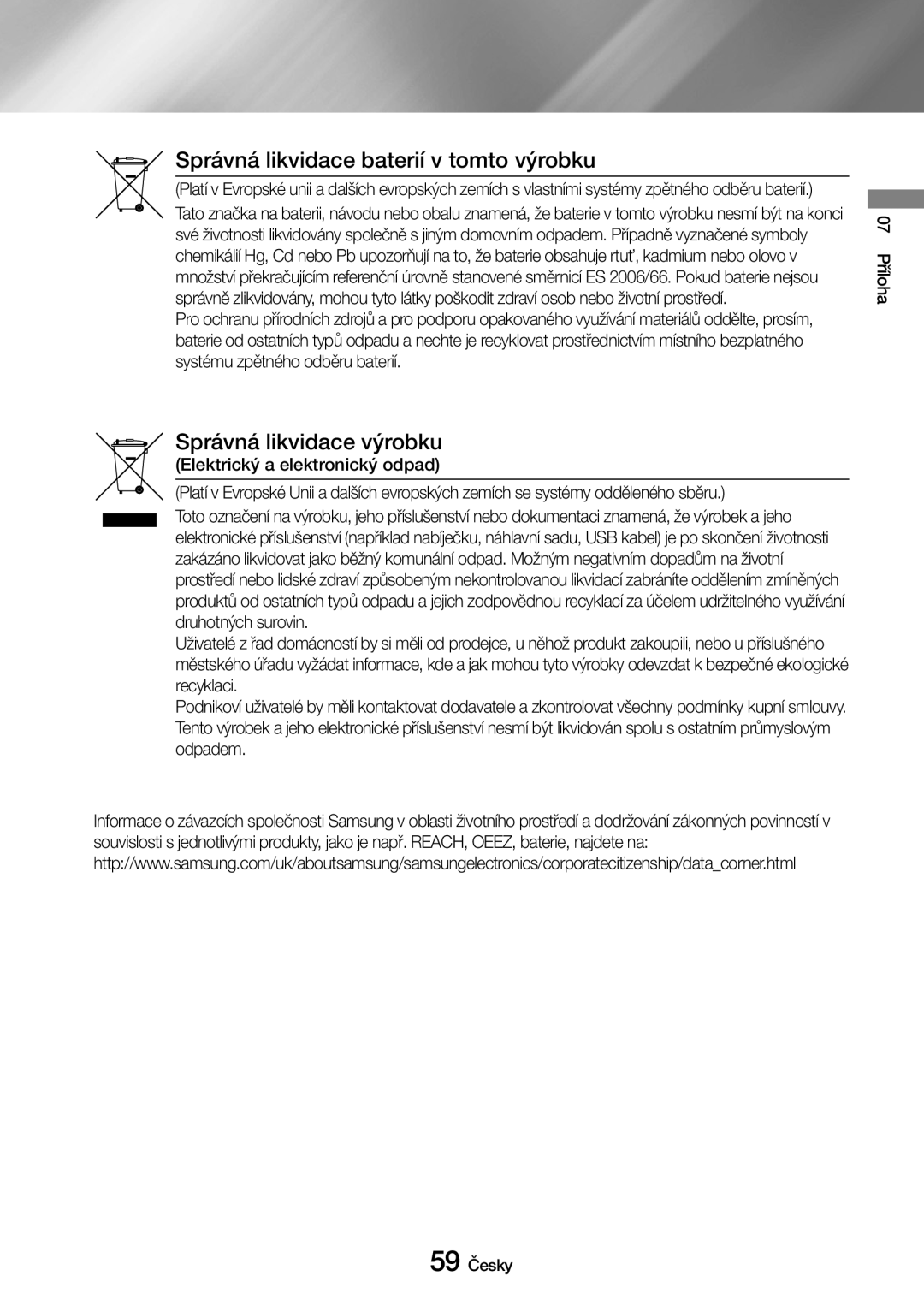 Samsung UBD-M7500/EN Správná likvidace baterií v tomto výrobku, Správná likvidace výrobku Elektrický a elektronický odpad 