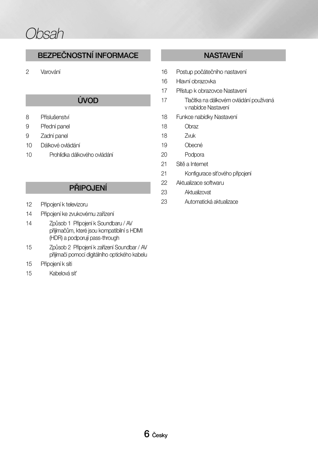 Samsung UBD-M7500/EN manual Obsah, Varování, Příslušenství Přední panel Zadní panel 10 Dálkové ovládání 