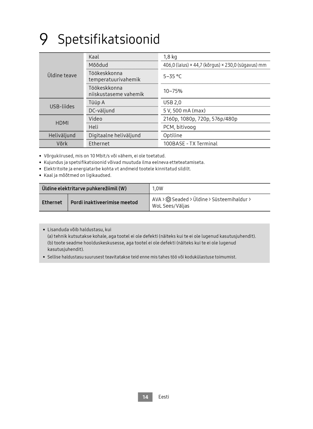 Samsung UBD-M7500/EN manual Spetsifikatsioonid, Üldine teave USB-liides, Üldine elektritarve puhkerežiimil W Ethernet 