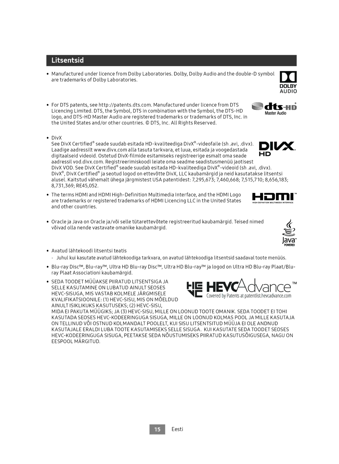 Samsung UBD-M7500/EN manual Litsentsid 