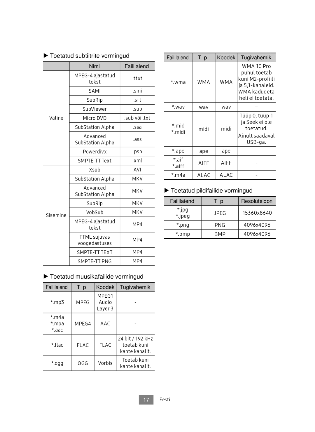 Samsung UBD-M7500/EN Toetatud subtiitrite vormingud, Toetatud muusikafailide vormingud, Toetatud pildifailide vormingud 