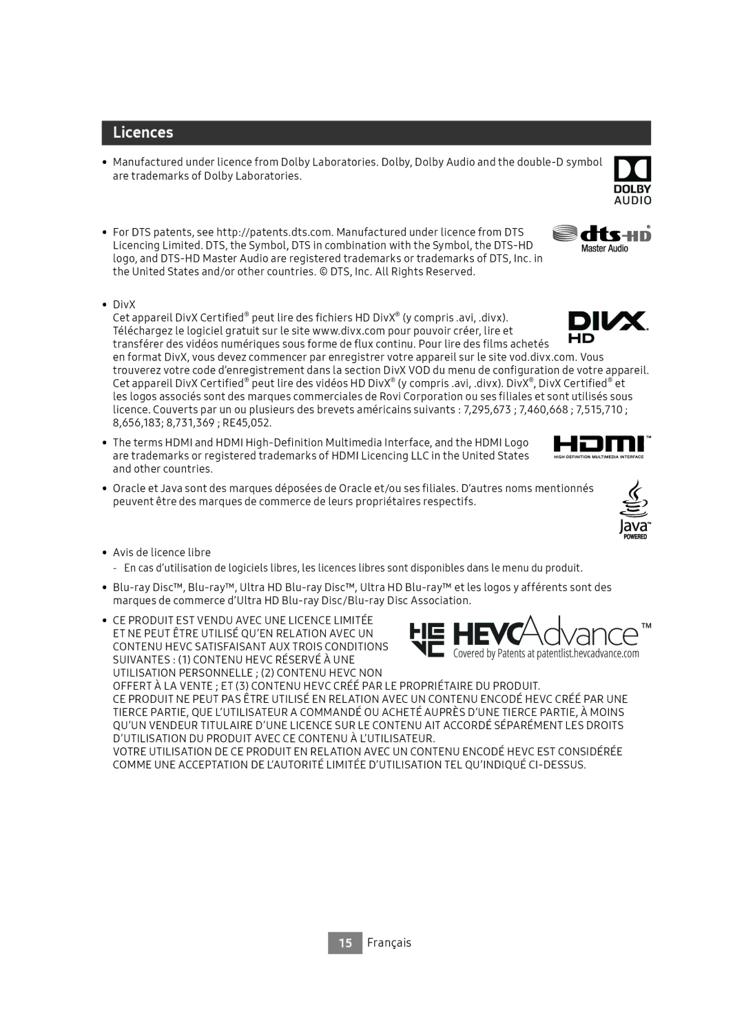 Samsung UBD-M7500/EN manual Licences, CE Produit EST Vendu Avec UNE Licence Limitée 